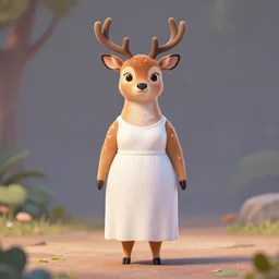 portrait, 3 d render, tall little fat, anthropomorphic female deer, wearing along white dress, in the style of zootopia,