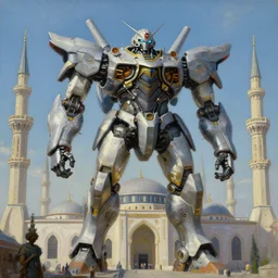 a giant mosque mecha, tim hildebrandt, wayne barlowe, bruce pennington, donato giancola, trending on artstation, cinematic composition, beautiful lighting, hyper detailed, 8 k, oil on canvas