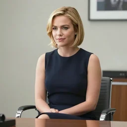 film still of brittany murphy sitting in office, short blonde hair, beautiful face, wearing skirt, realistic proportions, ink, black and white, illustration, cinematic composition, lineart, clean lines, travis charest, phil noto, gary millidge