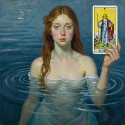 a painting of a woman in a body of water, a fine art painting by jan tengnagel, trending on deviantart, pop surrealism, tarot card, pre - raphaelite, artwork