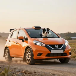 border collie dog driving an orange nissan note, rally driving photo, award winning photo, golden hour