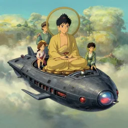 buddhism, spaceship, in the style of studio ghibli, j. c. leyendecker, greg rutkowski, artem