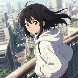 detailed anime visual portrait of a young black haired girl wearing hoodie sightseeing above the urban city sunny day moody dynamic perspective dynamic posing by yoh yoshinari