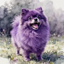 purple pomeranian barking excitedly, beautiful watercolor painting