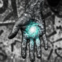 detailed closeup portrait photography of a hand painted like a galaxy, in the style of rob lefield and dan mumford, epic gradient, by atey ghailan, by greg rutkowski, by greg tocchini, by james gilleard, by joe fenton, by kaethe butcher, gradient olive turquiose, black and white color scheme, grunge aesthetic, graffiti tag