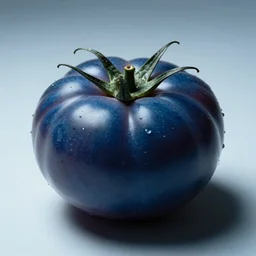 closeup studio photograph of a blue tomato, dramatic lighting, edited in photoshop