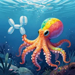 rainbow octopus caught balloon animal under water. art by raphael