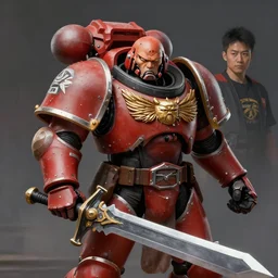 portrait of warhammer 4 0 k space marine holding his chainsword, by cedric peyravernay and feng zhu, highly detailed, excellent composition, cinematic concept art, dramatic lighting, trending on artstation
