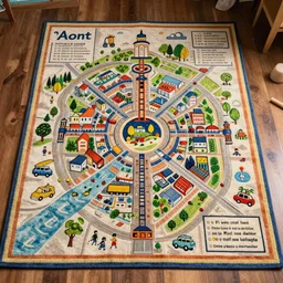 an elaborate kids city map carpet rug, detailed, made of penned illustrations, by wes anderson and geoff darrow!!!!!