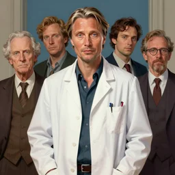 formal portrait of mads mikkelsen as doc brown wearing white lab coat. digital art by eugene de blaas, ross tran, and nasreddine dinet, vibrant color scheme, intricately detailed, in the style of romanticism, cinematic, artstation, greg rutkowski