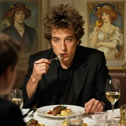 bob dylan eating dinner, character sheet, character design, contrast, deep focus, turnaround, highly detailed, dramatic lighting, digital painting, artstation, concept art, matte, sharp focus, illustration, elegant, art by artgerm and greg f and alphonse mucha.