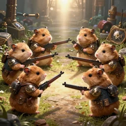 highly detailed illustration featuring hamsters at war, stephen bliss, unreal engine, fantasy art by greg rutkowski, global illumination, radiant light, detailed and intricate environment, hamsters, hamsters holding rifles, hamsters dressed in battle gear