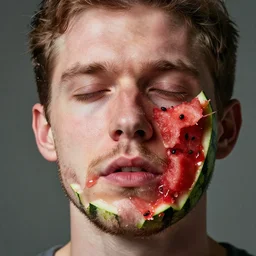 a hyper realistic ultra realistic photograph of gallagher peeling his own face off revealing watermelon meat by brandon hughes, detailed, photorealistic imagery, 8 k quality