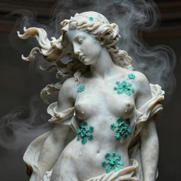 a sculpture of a beautiful woman with flowing tears, turquoise fractal flowers on the skin, intricate, a marble sculpture by nicola samori, behance, neo - expressionism, marble sculpture, made of mist, still frame from the prometheus movie by ridley scott with cinematogrophy of christopher doyle, arri alexa, 8 k