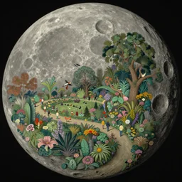 a landscape on the moon with many craters, people walk along the paths, a beautiful flowering garden, birds, a lot of exotic vegetations and trees, intricate detaild, dim muted colors, 8 k, in the style of martin johnson heade and roger dean