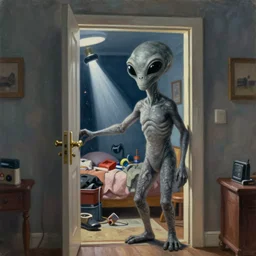 classic oil painting, a tall gray alien with big black eyes opening the door, inside a cluttered bedroom at night, abduction, beam, highly detailed, digital illustration, concept art, smooth, sharp focus, art by tim hildebrandt, and alex grey