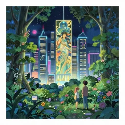 a futuristic cityscape at night, with greenery, trees, flowers, neon lighting by Alfons Maria Mucha and Julie Dillon and Makoto Shinkai