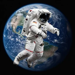 an astronaut taking a leap of faith into deep space, planet earth in the background
