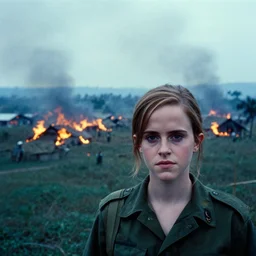 film still, far view, landscape, emma watson soldier portrait close up in foreground, burning vietnam village, kodak ektachrome, blue tint expired film,