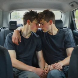 two young men who are in love are sitting in the back seat of a car cuddling. a photorealistic painting ( 2 9. 3 % ), by ilka gedo ( 0. 6 % ), featured on cgsociety ( 1 3. 6 % ), photorealism ( 9. 5 % ), multiple exposure ( 8. 1 % ), photorealistic ( 4. 2 %