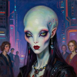 close up portrait of a fractal punk goth alien martian girl in a fluorescent cyberpunk futuristic city by richard avedon, oil painting by canaletto hieronymus bosh leonardo da vinci piero della francesca botticelli