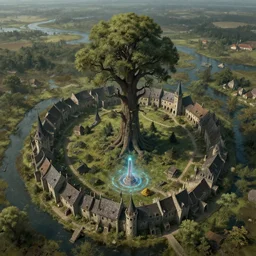 airborne view of a downtrodden medieval town by a river in a swamp with a very tall hollow tree tree tree tree tree tree in its center and a small magical obelisk emitting an energy field, 4k, by Greg Rutkowski, fantasy, mix of celtic and Rus architecture, cinematic
