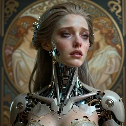 ultra realistic, cyborg woman crying, broken, cyberpunk, sci-fi, fantasy, intricate details, elegant, highly detailed, photorealistic, octane render, 8k, HD, art by artgerm and greg rutkowski and alphonse mucha