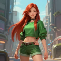 beautiful cute athletic red haired eighteen year old young woman standing up, casual green clothing, long straight hair, cyberpunk city, attractive cheerful face, casual pose, rpg character, sci - fi, intricate, elegant, digital painting, artstation, concept art, smooth, 8 k frostbite 3 engine, ultra detailed, art by artgerm and greg rutkowski and magali villeneuve