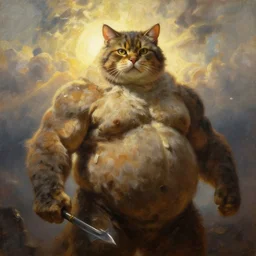 oversized cat as muscular hunter with weapon, strong sun backlight sunrays  body , extreme very textured detailed portrait oil painting by rembrandt,   dramatic clouds and  atmosphere