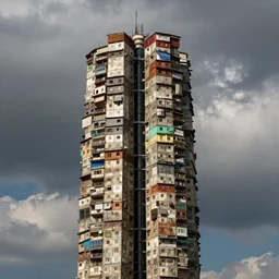 close - up towers made up of squatter housing, bleached colours, dramatic cloudy sky, dystopia, mamiya, very detailed, ultra sharp, photographed by ansel adams