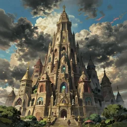 Tower of Babel, A mighty city and a tower with its top in the heavens, Atmosphere, Dramatic lighting, Epic composition, Close up, Wide angle, Low angle, by Miyazaki, Nausicaa Ghibli, Breath of The Wild,