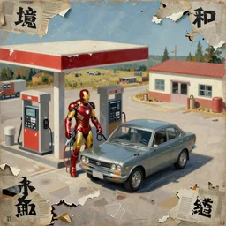 iron man filling up his damaged datsun at a desolate rural gas station, isometric, wide angle shot, intricate, detailed, torn paper decollage, oil on canvas by edward hopper, ( by mattias adolfsson ), by moebius