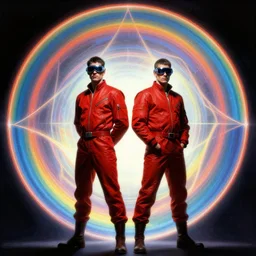 two emperors of the time continuum wearing techno visors and red rick owens flight suits with their hands behind their backs inside the glowing geometric rainbow portal to the sixth dimension by frank frazetta h 5 7 6