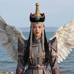 in the art style of dittmann, anna, by dittmann, anna, portrait of a beautiful asian mongolian princess goddess spreading its wings, portrait of princess wearing a beautiful ornate crown, in the background lake baikal is seen