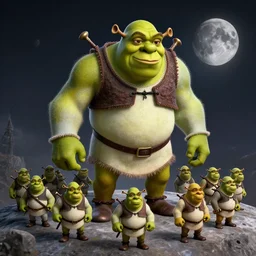 mecha shrek leading an army of mini shreks on the moon, dramatic lighting, concept, trending on artstation