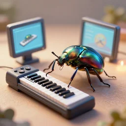 beetle making music with a miniature keyboard and computer, fantasy, digital art