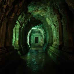 dimly lit cave passage in an ancient underground temple, green ambience, wet