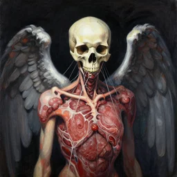 an angel with a skull made of meat and webs for the head, by greg manchess, organic painting, dark, bold shapes, by huang guangjian, by greg rutkowski, by satoshi kon, trending on artstation