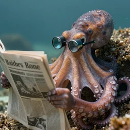 an octopus reading a newspaper. the octopus is wearing a monocle. nature photography.