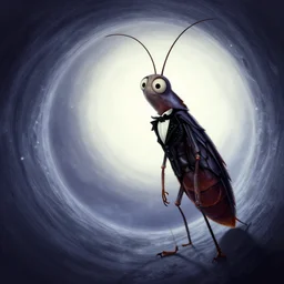 curved perspective, digital art of a thin cockroach cartoon character with long antennae, wearing a black suit by anton fadeev from nightmare before christmas