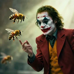 Justin Sun as the Joker being attacked by bees