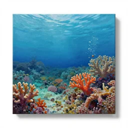 a painting of under an ocean, coral reefs