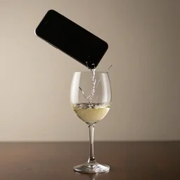 phone falling on a glass of wine, shattering it