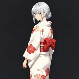 beautiful girl, silver hair, white kimono with complex red flower patterns, full body, looking to camera, showing her shoulder from back, ilustration by (Takehiko Inoue) and Krenz Cushart