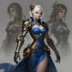 a highly detailed illustration of white haired steampunk woman with steampunk mechanical gear arm wearing blue dress, dramatic pose, art by artgerm and greg rutowski and ilya kuvshinov, intricate, elegant, highly detailed, centered, digital painting, artstation, concept art, smooth, sharp focus, league of legends concept art, wlop.