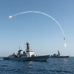 A warships are at sea, and several missiles are fired into the distance, drawing a beautiful arc in the blue sky. Realistic CG 8K, cinematic, artstation art.