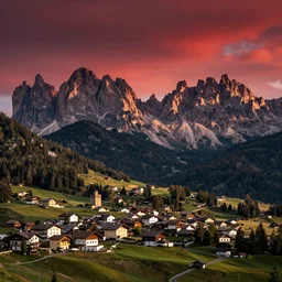 an italian town in the dolomites mountains, hellish red sky