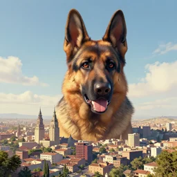 macro landscape of furry anthro anthropomorphic huge massive giant large mega macro colossal german shepard head animal person fursona towering over a small city toledo digital art by Greg Rutkowski, Simon Stalenhag, trending on Artstation, CGSociety