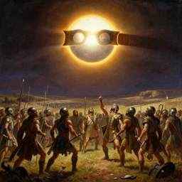 a total solar eclipse fills the sky, warriors on an ancient battlefield stop and look up. 5 0 0 bc. beautiful painting by artgerm and greg rutkowski, dramatic lighting, rich colors.
