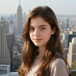 a beautiful, brown haired, young girl, standing in front of a huge city, close up, realistic, hyperdetailed, artstation, cgsociety, 8 k